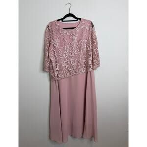 Blush Pink Lace Overlay Formal Midi Dress Floral Embroidery Sheer Sleeves